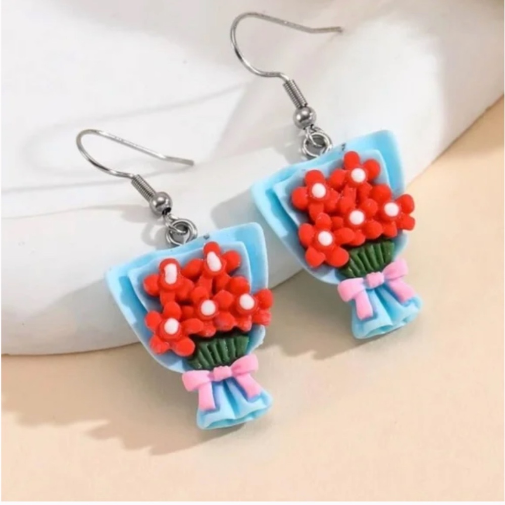 ❤️ FREE Flower Floral Bouquet Boho Peasant Clay Like Chic Glam Farm Earrings